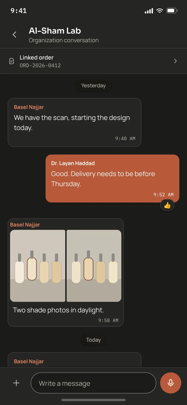 Denzo conversation with Al-Sham Lab, linked to an order