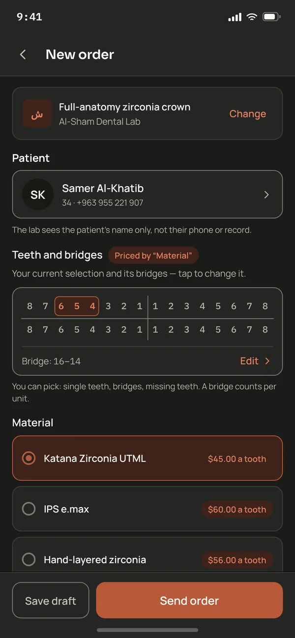 Denzo new order screen: patient, teeth and bridges, and the material